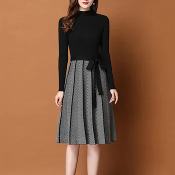 

2020 Stripe A Line Knitting Sweater Bodycon Autumn Skater Hem Dress Warm Elegant Women Party With Sashes Pleated Dresses Female