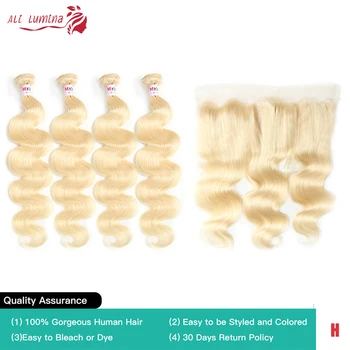 

613 Packs With Frontal Brazilian Body Wave With Remy Frontal Human Hair 30 Inch Blond Honey Bundles With Frontal Ali Lumina Hair