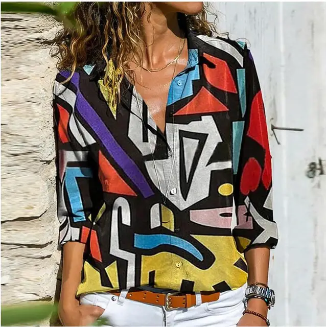 Women Retro Colorful Print Buttons Blouse Shirt Autumn Long Sleeve Turn down Collar Ladies Top Streetwear