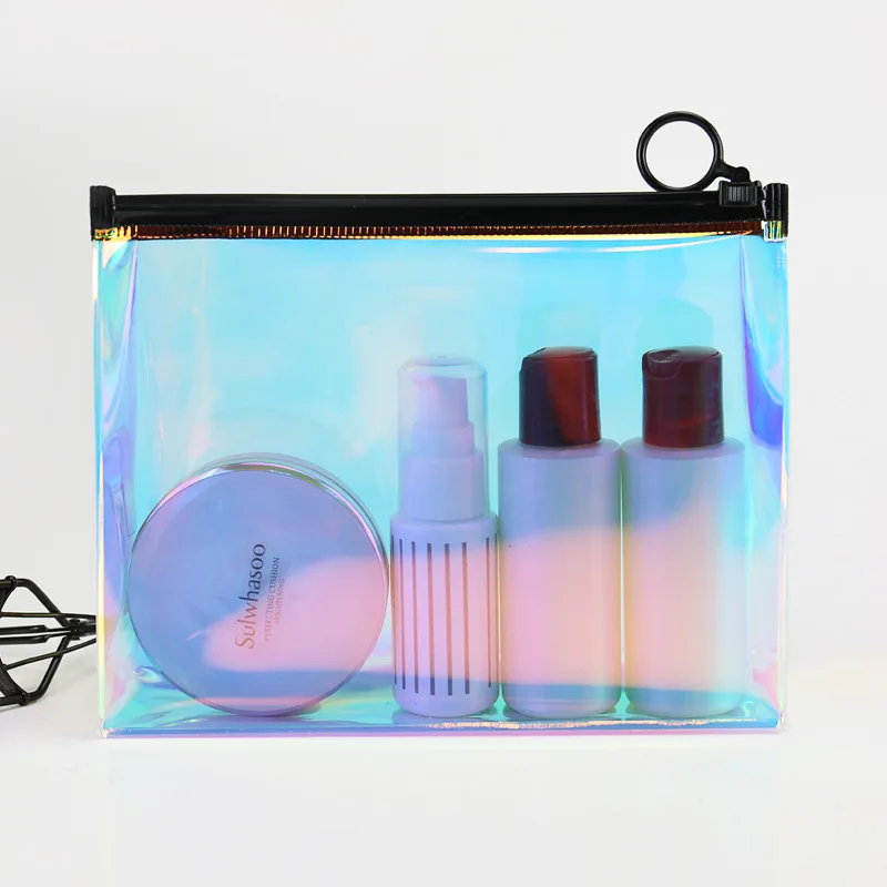 

Customized Logo Soft TPU Laser Hologram Zipper Cosmetic Pouch With Ring Handle