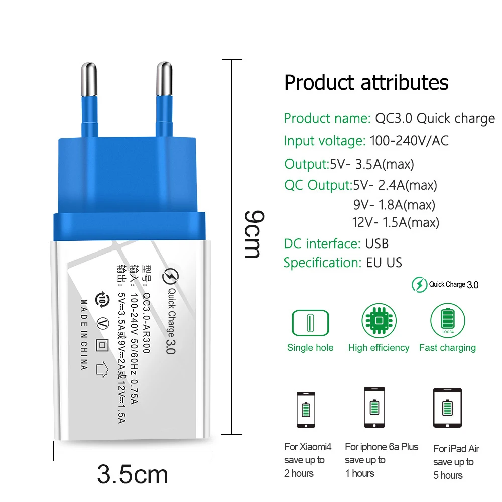 Быстрое USB зарядное устройство Быстрая зарядка 3,0 5V3A дорожное настенное зарядное устройство адаптер зарядное устройство для мобильного телефона для iPhone 8 7 6 samsung S8 S9Tablet EU