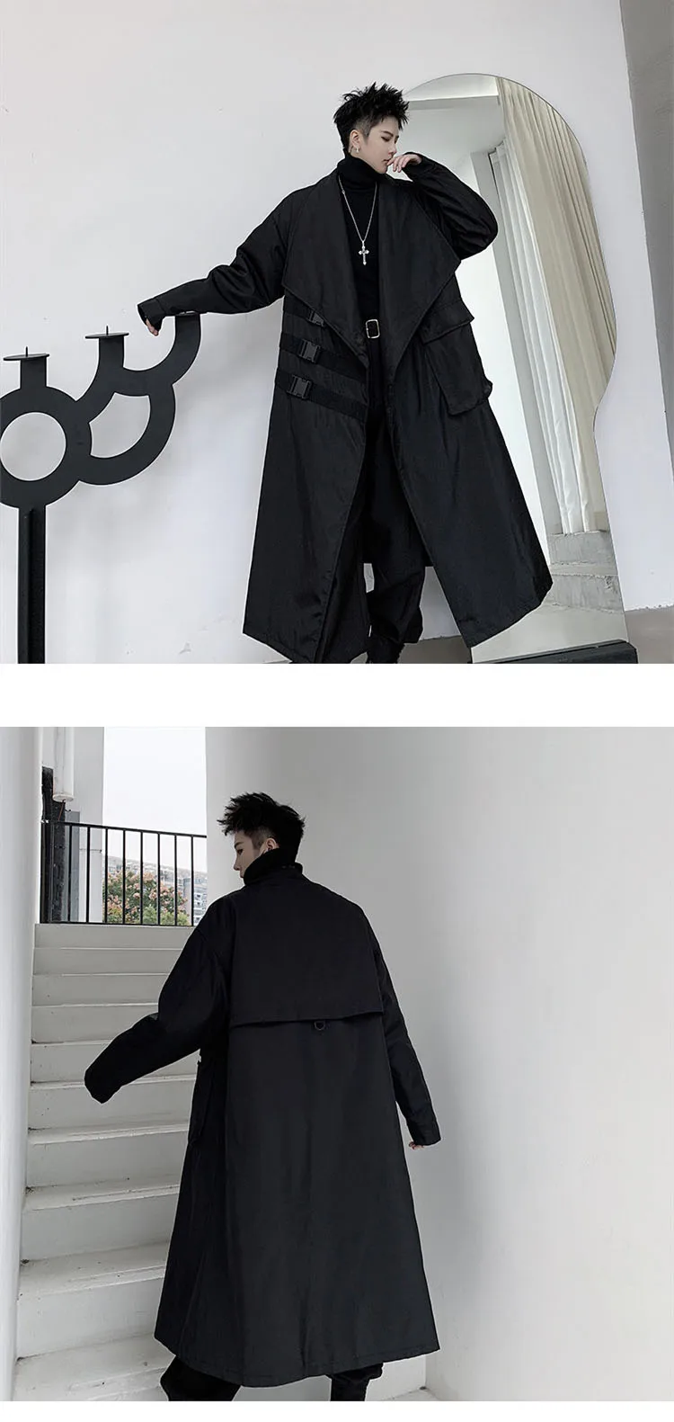 Мужской японский уличный темно-черный Свободный плащ, верхняя одежда, Мужская Панк Готическая модная повседневная свободная ветровка, длинная куртка, пальто