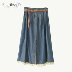 Модная женская длинная джинсовая юбка, кружевная Лоскутная юбка до середины икры, японский стиль, однобортные плиссированные джинсовые