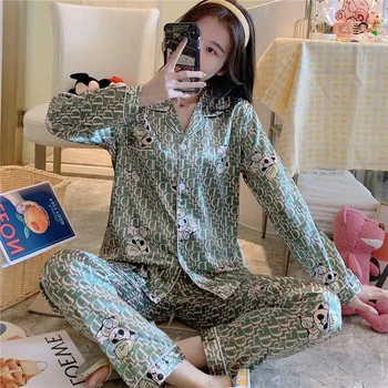 

2020 Autumn Silk Satin Long Sleeve Pajama Sets for Women Print Outwear Sleepwear Suit Pyjamas Homewear Pijama Mujer Home Clothes