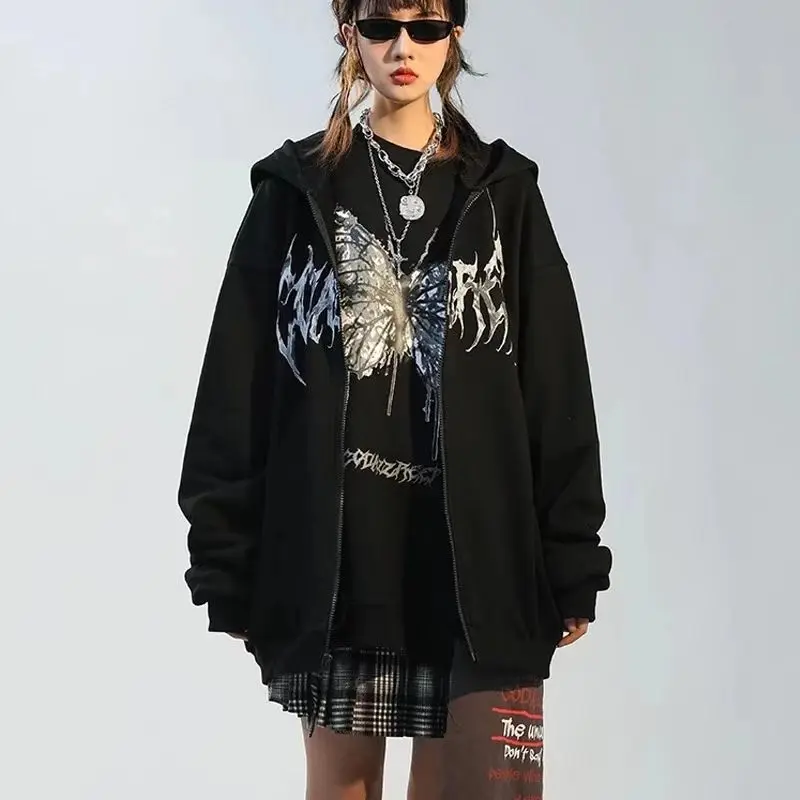 Y2k Butterfly Hoodie Women'S Zipper Harajuku Sweatshirt Fall/Winter Couples European And American Punk Oversized Hoodie Jacket