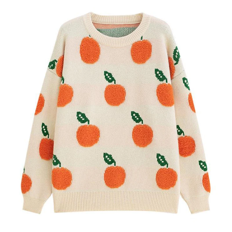

Sweet Cute Fashion Sweater Kawaii Fruit Knitted Pullovers for Women 2023 Autumn New O-neck Dropped Shoulder Y2k Sweaters Ladies