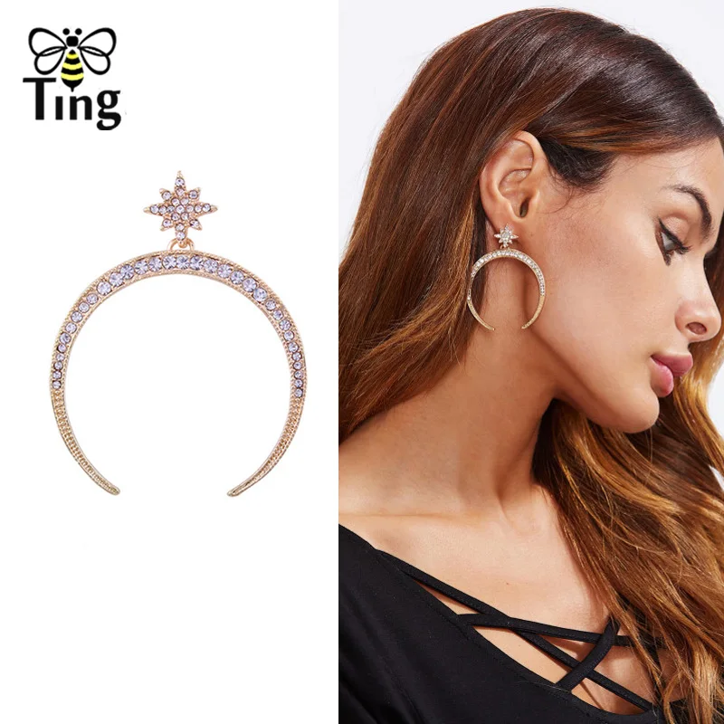 

Tingfly Fashion Designer Moon Star Drop Eearrings Luxury Crystal Paved Party Weeding Jewelry Women Big Size Earrings Accessory