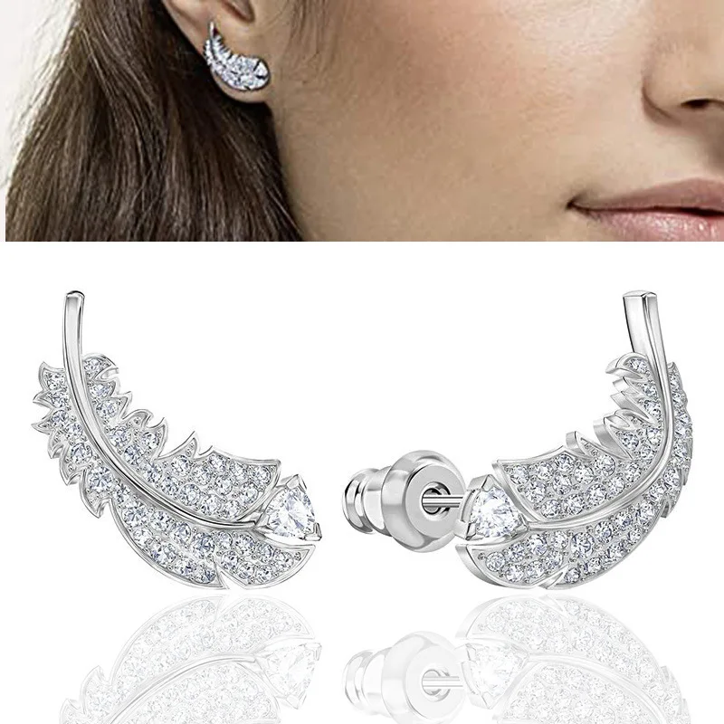 Gorgeous Feather Stud Earrings for Women Wedding 925 Silver