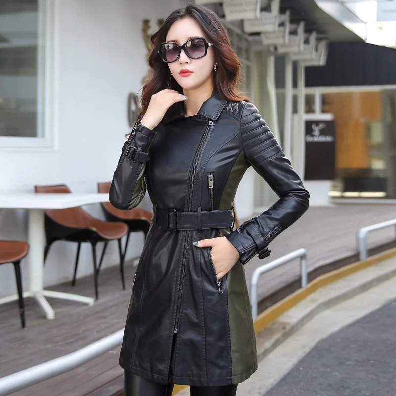 Casual Patchwork Long Faux Leather Jacket for Women Fashion Slim Winter Bomber PU Jackets Turn-down Collar Womens Coats
