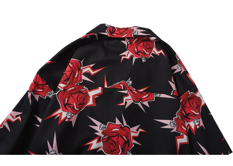 Hip Hop Shirt Streetwear Mens Hawaiian Shirt Red Rose Harajuku Floral Spring Summer Beach Shirt Hawaii Thin Short Sleeve
