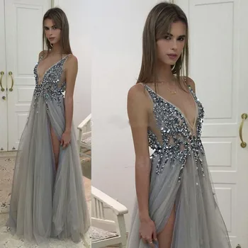 

Sexy Prom Dresses A-line Deep V-neck Tulle Beaded Crystals Slit Backless Long Prom Gown Evening Dresses Evening Gown