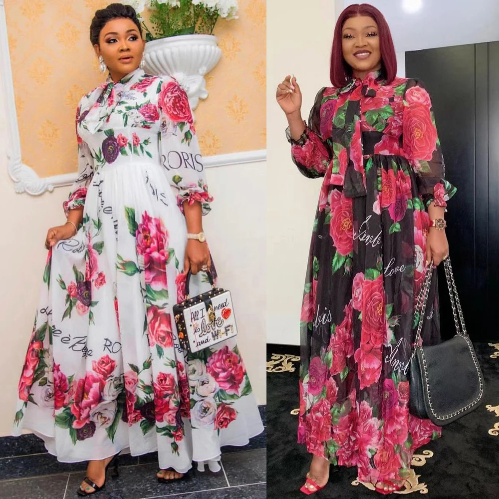 MD Dinner Dresses For Women 2022 New African Spring Summer Elegant Gown Flowers Printed Dashiki Long Dress Ladies Clothing 229#