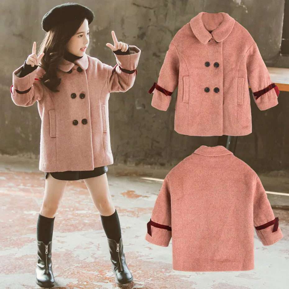 Kids Jacket Thick Woolen Coat For Girl Bow Decoration Children's Outerwear Autumn Fashion Winter Clothes For Girls 6 8 10 12 14