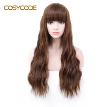 COSYCODE коричневый парик с челкой длинные волнистые вьющиеся парик 26 дюймов Синтетические Косплей вечерние парики для женщин