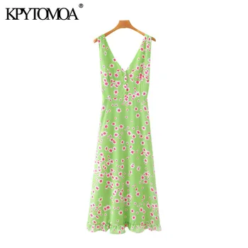 

KPYTOMOA Women 2020 Chic Fashion Floral Print Buttoned Midi Dress Vintage V Neck Backless Elastic Female Dresses Vestidos Mujer