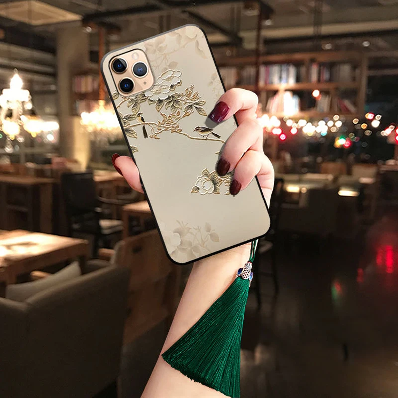 Чехол с тиснением для iPhone 11 Pro Max XS Max XR 8 7 6 6S Plus, мягкий силиконовый чехол с кисточкой с узорами