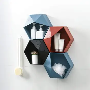

New For Kitchen Nordic Hexagonal Wall Shelves Geometric Wall Floating Shelf Home Decoration Storage Box Black Red Blue