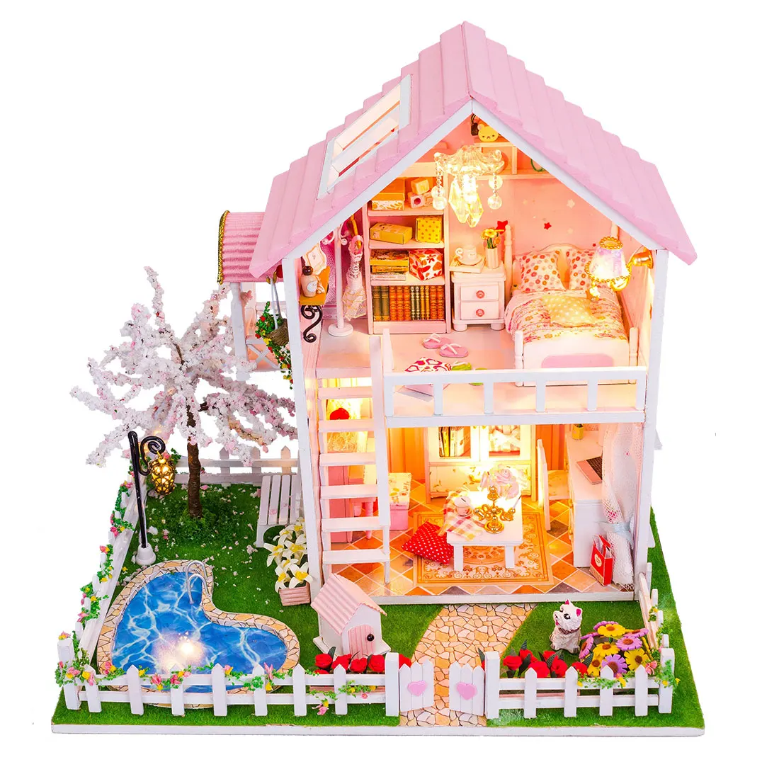 

Doll House DIY Creative Handmade Theme Wooden Cabin Assembly Building Model Toy Set With Light - Under The Cherry Blossom Tree