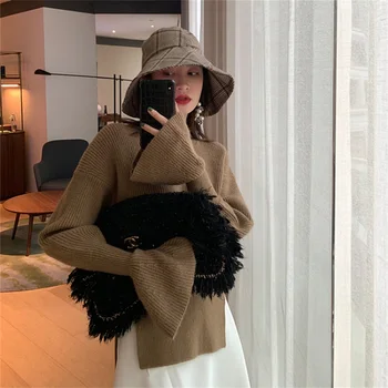 

French Irregular Side Split Bell Sleeve Sweater 2020 Spring And Winter Outside Wearing O-Neck Loose Sweater