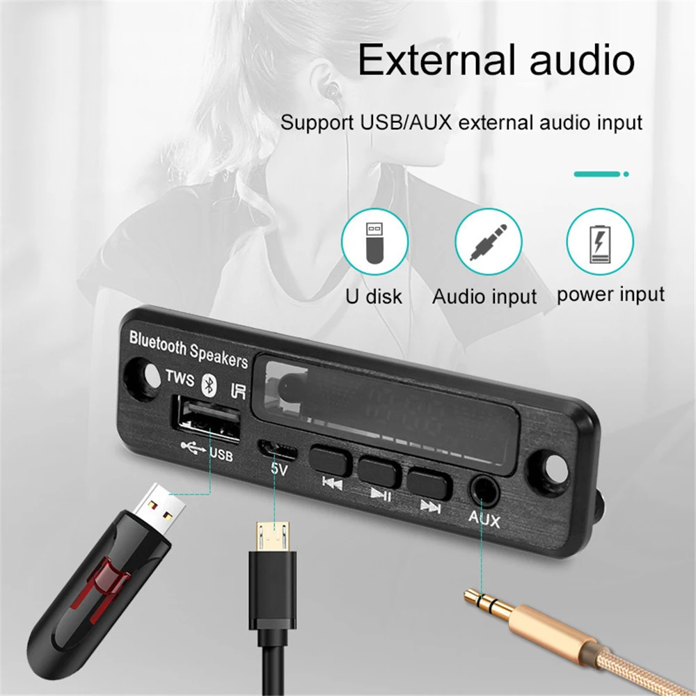 KEBIDU TWS Bluetooth 5.0 Handsfree Car Kit APE/MP3 Decoding Decoder Board 5V Wireless FM Radio TF USB 3.5mm AUX Audio MP3 Player