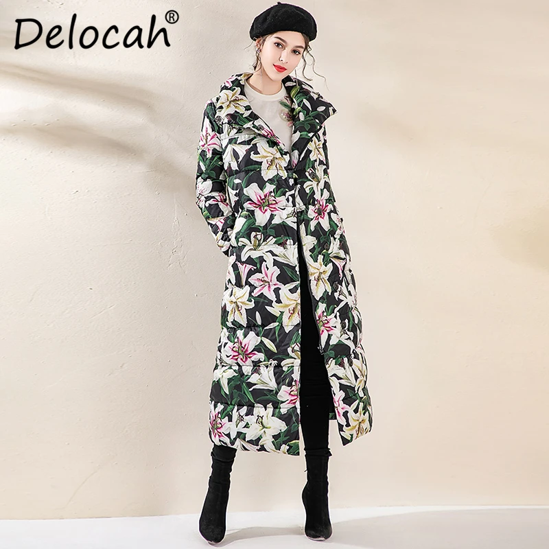 Многоцветный Delocah, новинка, женский пуховик, модный Дизайнерский Костюм, длинный рукав, с принтом, 90%, белый утиный пух, куртка, зимняя, теплая, для женщин, пальто - Цвет: Многоцветный