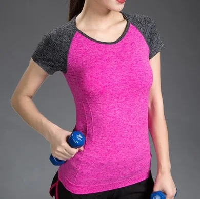 hot pink gray Quick Dry Stretch Slim Fit Sports Tops Top Yoga Shirt T-shirts Running Female Gym Yoga Fitness T Sport Women Cloth Shirt Jerseys - Цвет: hot pink gray