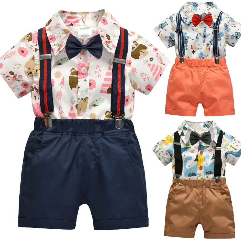

Toddler Kid Baby Boy Gentleman Cartoon Printed Shirt Top+Pants Shorts Overall Outfit Set 2PCS