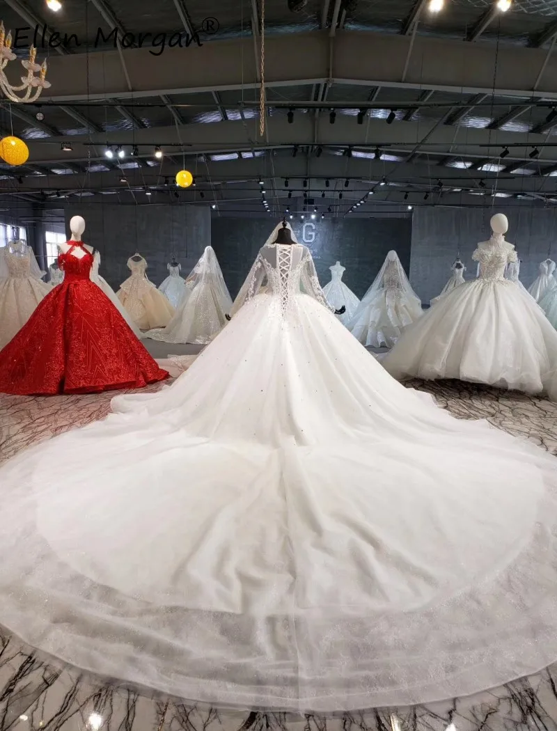Роскошные Длинные рукава Бальные платья Свадебные платья Vestido de Novia Кружева кристаллы прозрачные цвета слоновой кости индивидуальный заказ принцесса невесты