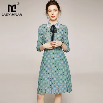 

100% Silk Women's Runway Dresses Hollow Out Turn Down Collar 3/4 Sleeves Printed Fashion Casual Dresses
