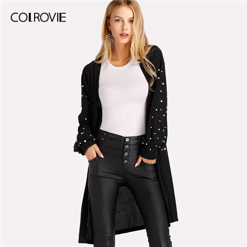 COLROVIE, жемчуг, бисер, рукав-шар, женский, осень, длинный черный свитер, женская верхняя одежда большого размера, одноцветная одежда