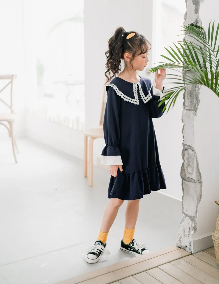 Back To School Clothing 100% Cotton Fall Dress For Girl Petal Sleeve Big Girl Kids Dresses Blue 2019 Autumn Child Dress Fashion (14)