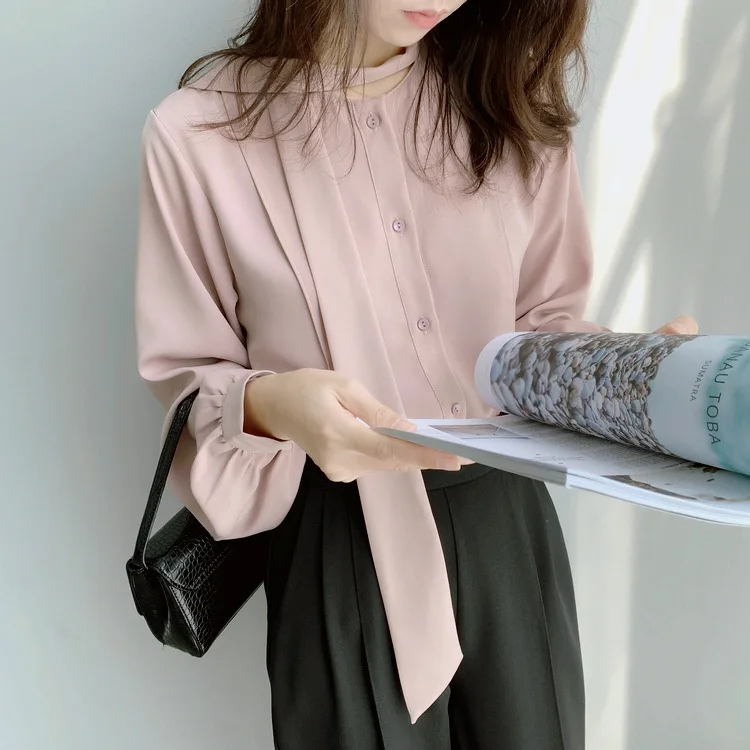 Шифоновая рубашка с бантом для женщин, Blusas Mujer De Moda, Корейская Осенняя модная шифоновая блузка с длинным рукавом, свободная элегантная женская блузка