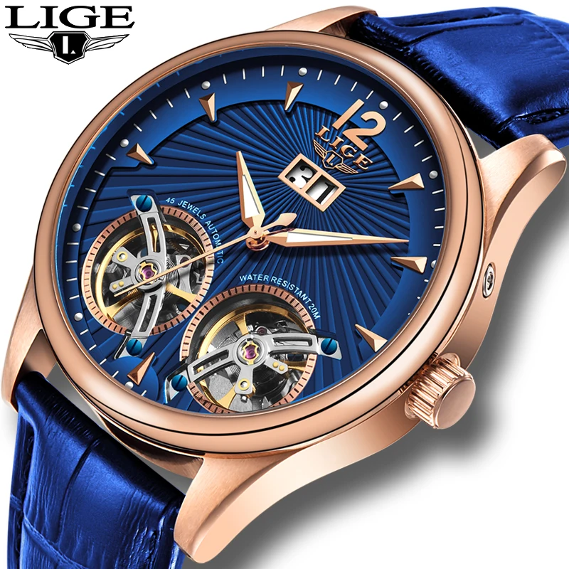 Часы Reloj LIGE мужские с турбийоном швейцарские автоматические Модные механические
