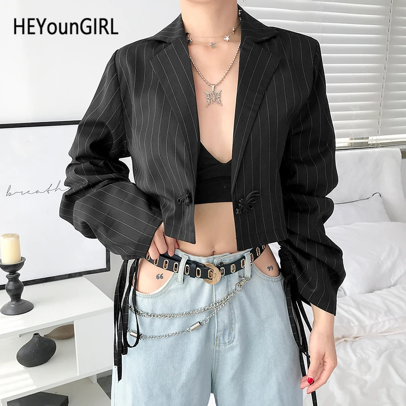HEYounGIRL Повседневное свободного кроя в Корейском стиле; Осенняя куртка для женщин с рюшами в полоску, с длинными рукавами, пальто, женская обувь черного цвета в стиле Харадзюку, верхняя одежда в уличном стиле