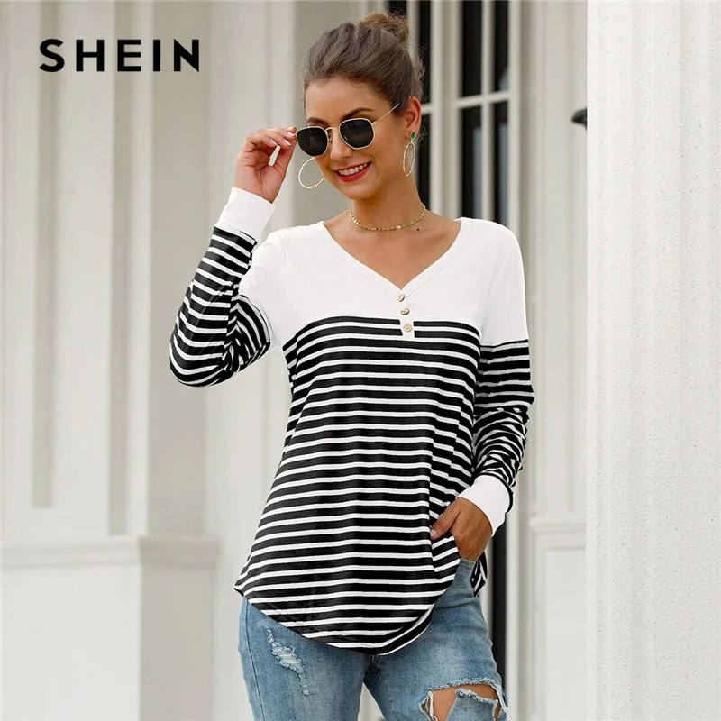 SHEIN черно белая футболка в полоску с пуговицами спереди и изогнутым подолом