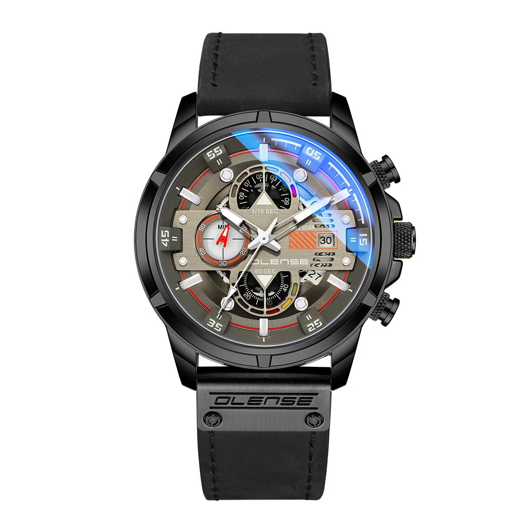 2021 Mens Genuine Leather Watches Blue Light Glass Multifunction Quartz Watch Military Waterproof Date Chronograph Clock 
