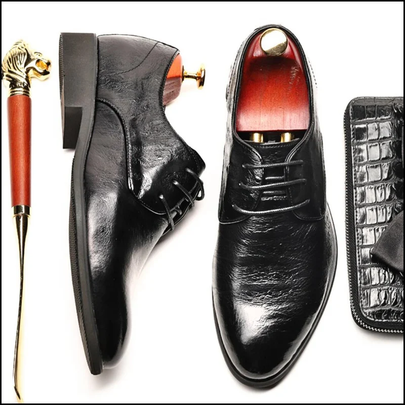 New Vintage Man Formal Dress Shoes Genuine Leather Ostrich Pattern Oxfords Pointed Toe Derby Men's Office Party Flats SS591