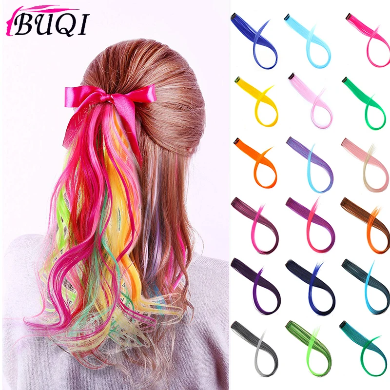 Цветные синтетические волосы для наращивания на заколках, цельные цветные полоски, длинные волосы для модных взрослых женщин BUQI