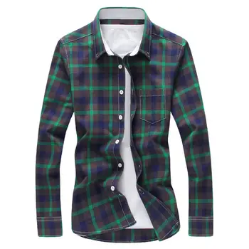 

Plus Size Chic Men Long Sleeve Turn Down Collar Pocket Slim Buttons Plaid Shirt