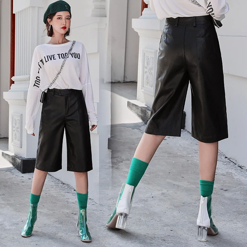 QOERLIN Women's PU Leather Shorts 2023 New Winter High Waist Cycling Shorts Casual Women's Boots Autumn Black Bermudas Shorts