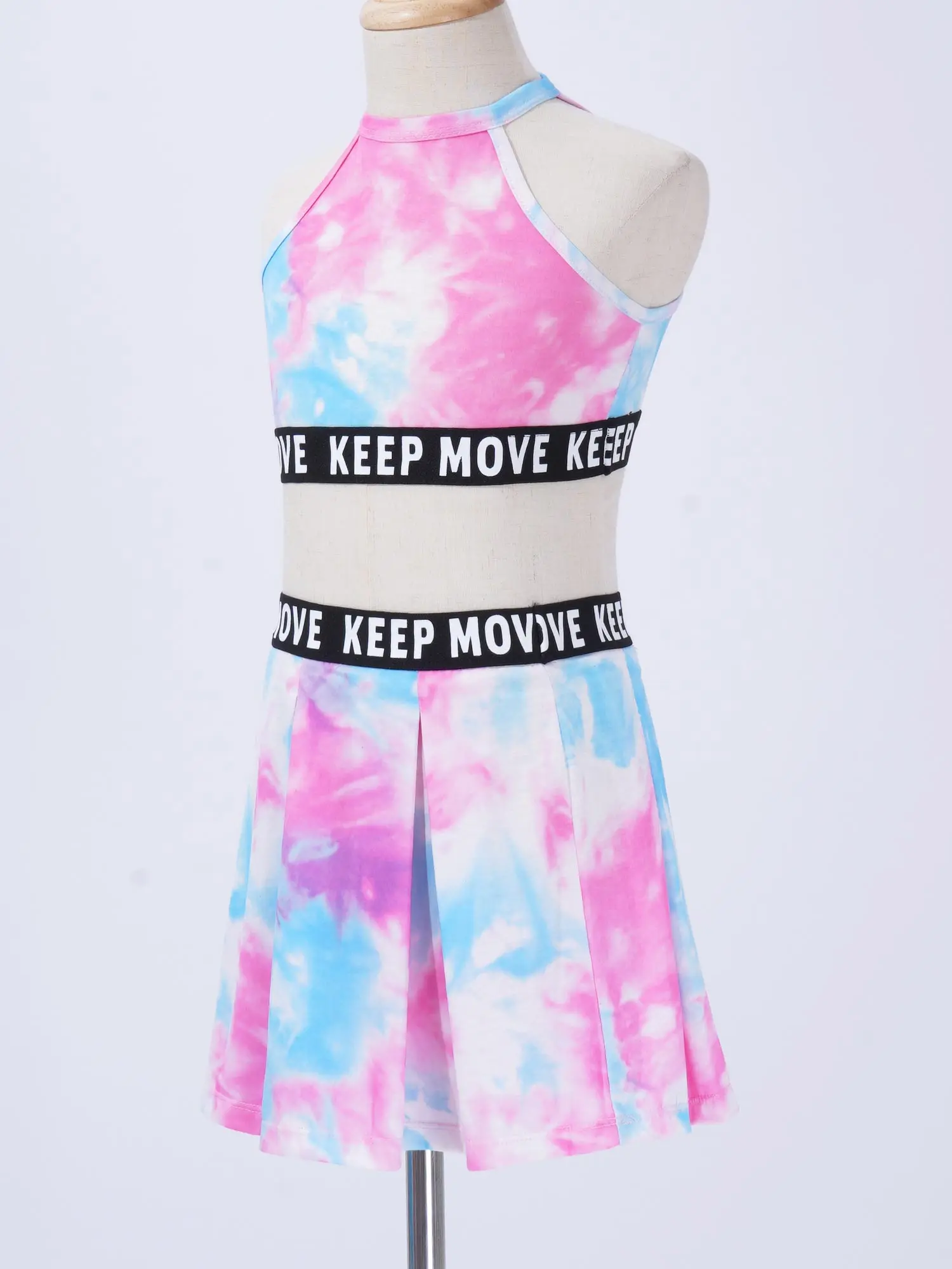 Kids Girls Tie Dye Print Sport Suit Halter Neck Sleeveless Crop Vest Tops and Pleated Skirt Set for Gym Tennis Dance Workout