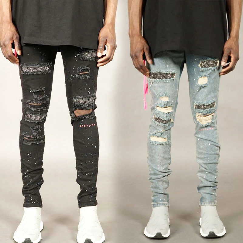 vaqueros elásticos de mezclilla para hombre Pantalones de moda rasgados con agujeros vaqueros de para jóvenes vaqueros de decoración de para hombres|Pantalones vaqueros| - AliExpress