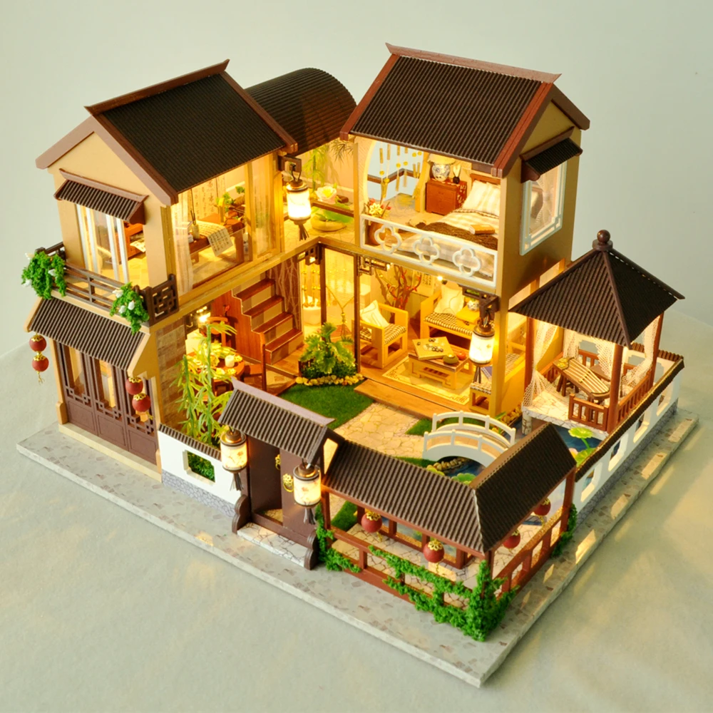 Kids Toys Diy Dollhouse Assemble Wooden Miniatures Doll House Furniture Miniature Dollhouse Puzzle Educational Toys For Children