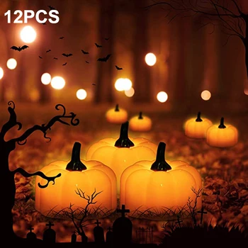 

12pcs Thanksgiving Decor Battery Operated Halloween Pumpkin Tealights Home Warm White Flickering LED Candle Light Bar For Tables