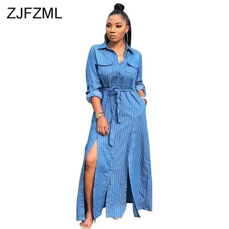 

Striped Buttons Up Maxi Long Dress Women Turn Down Collar Long Sleeve Pockets Side Split Causal Dress Belted Autumn Denim Dress