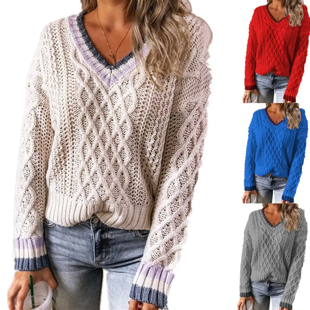 Women Winter V Neck Sweater Long Sleeve Knitted Jumper Korean Casual Pullover Tops | Женская одежда