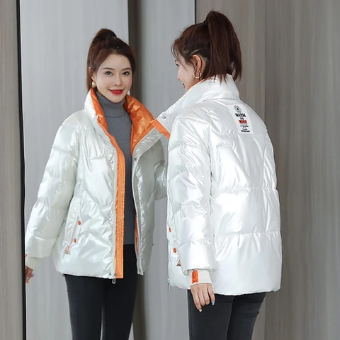 New Fashion Shinny Women Winter Jacket Shining Fabric Cotton Padded Warm Thicken Short Stand Collar Coat Parka Female Coats