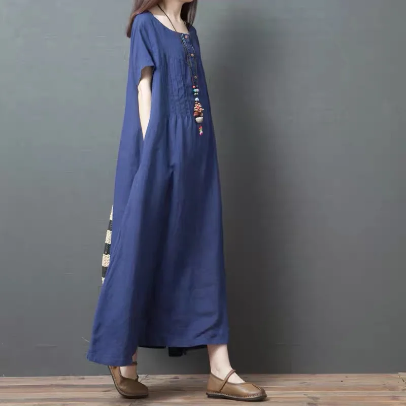 

2019 Summer New Style Retro Solid Color Cotton Linen Large Size Dress Crew Neck Short-sleeve Dress Women's Swinging Skirt