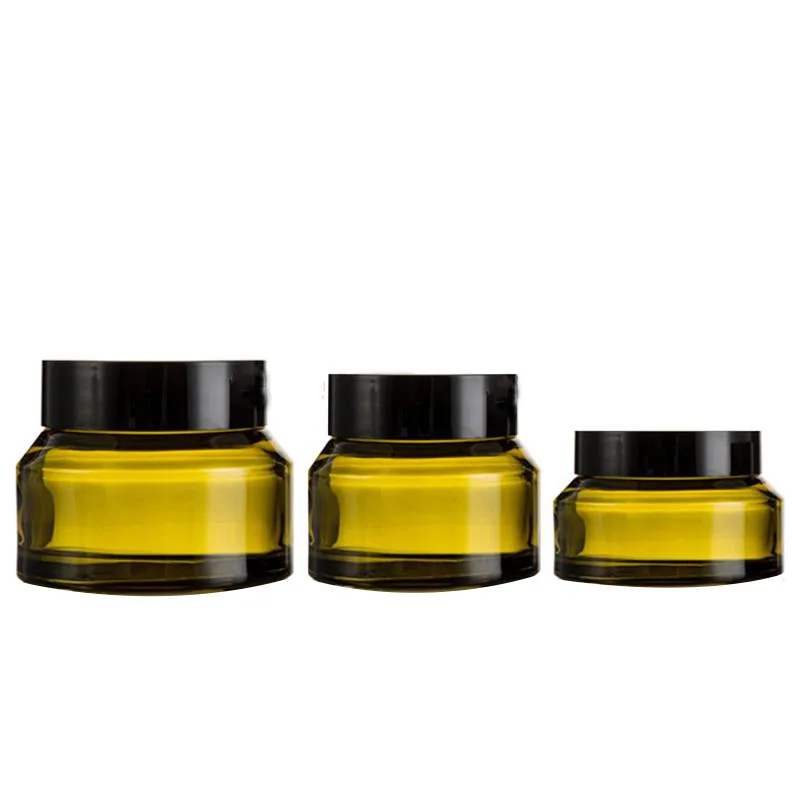 

5pcs 15g 30g 50g Amber Green Glass Facial Cream Empty Jar Cosmetic Sample Container Travel Refillable Bottles Pot with Black Lid