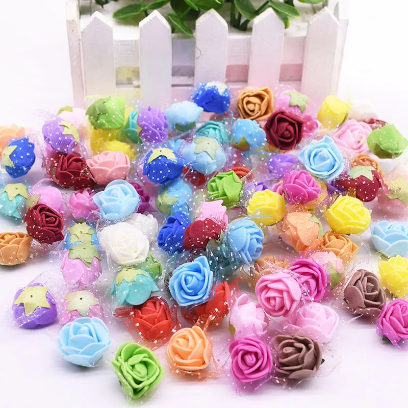 

50/100/200pcs 2cm Simulation Foam Rose Artificial Flower Head With Yarn Home Flower Wedding Decoration fake flowers